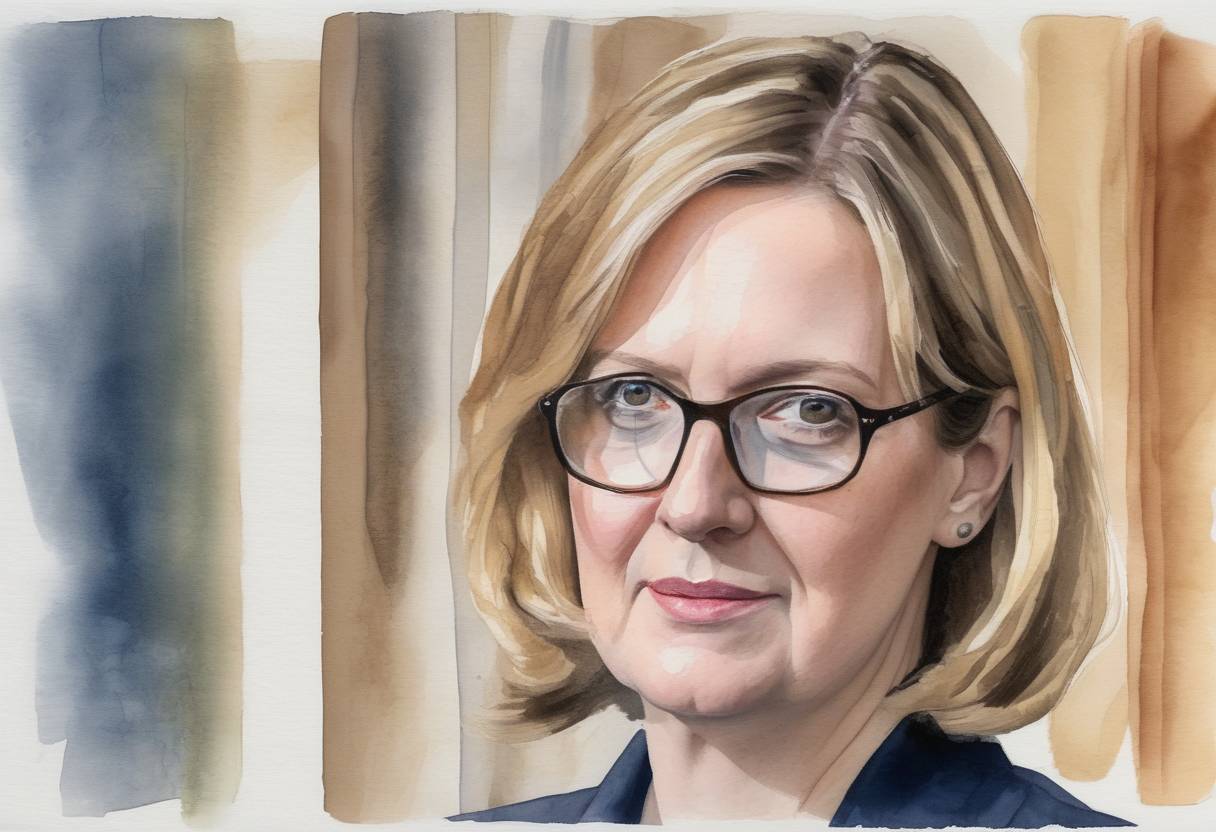 Watercolor painting based depiction of The United Kingdom's Home Secretary, Amber Rudd, resigned following the Windrush scandal, which involved the mistreatment of Caribbean immigrants by the UK government. (2018)