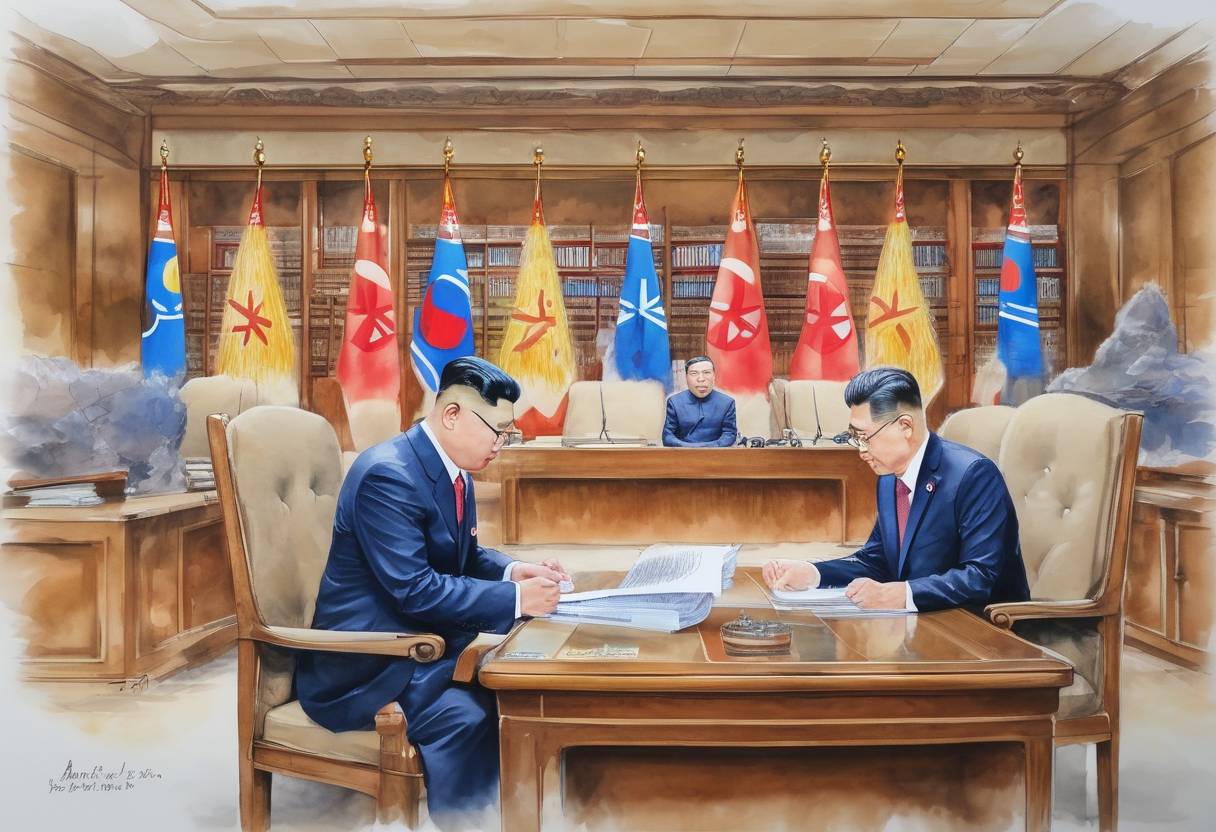 Watercolor painting based depiction of The Panmunjom Declaration for Peace, Prosperity and Unification of the Korean Peninsula was signed by North Korean leader Kim Jong-un and South Korean President Moon Jae-in, marking a significant step towards peace between the two nations. (2018)