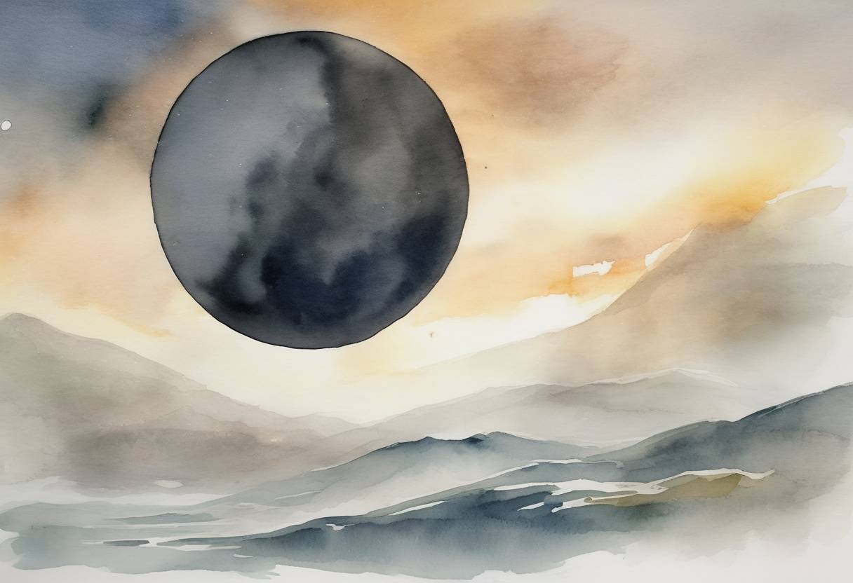 Watercolor painting based depiction of A solar eclipse occurs, visible across parts of Europe, North Africa, and Asia. It was a total solar eclipse, where the Moon completely covered the Sun, as seen from the Faroe Islands and Svalbard. (2015)