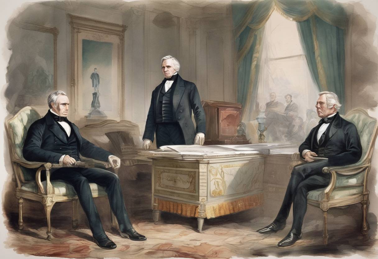 Watercolor painting based depiction of U.S. President Zachary Taylor dies after serving only 16 months in office, and Millard Fillmore becomes the 13th President of the United States. (1850)