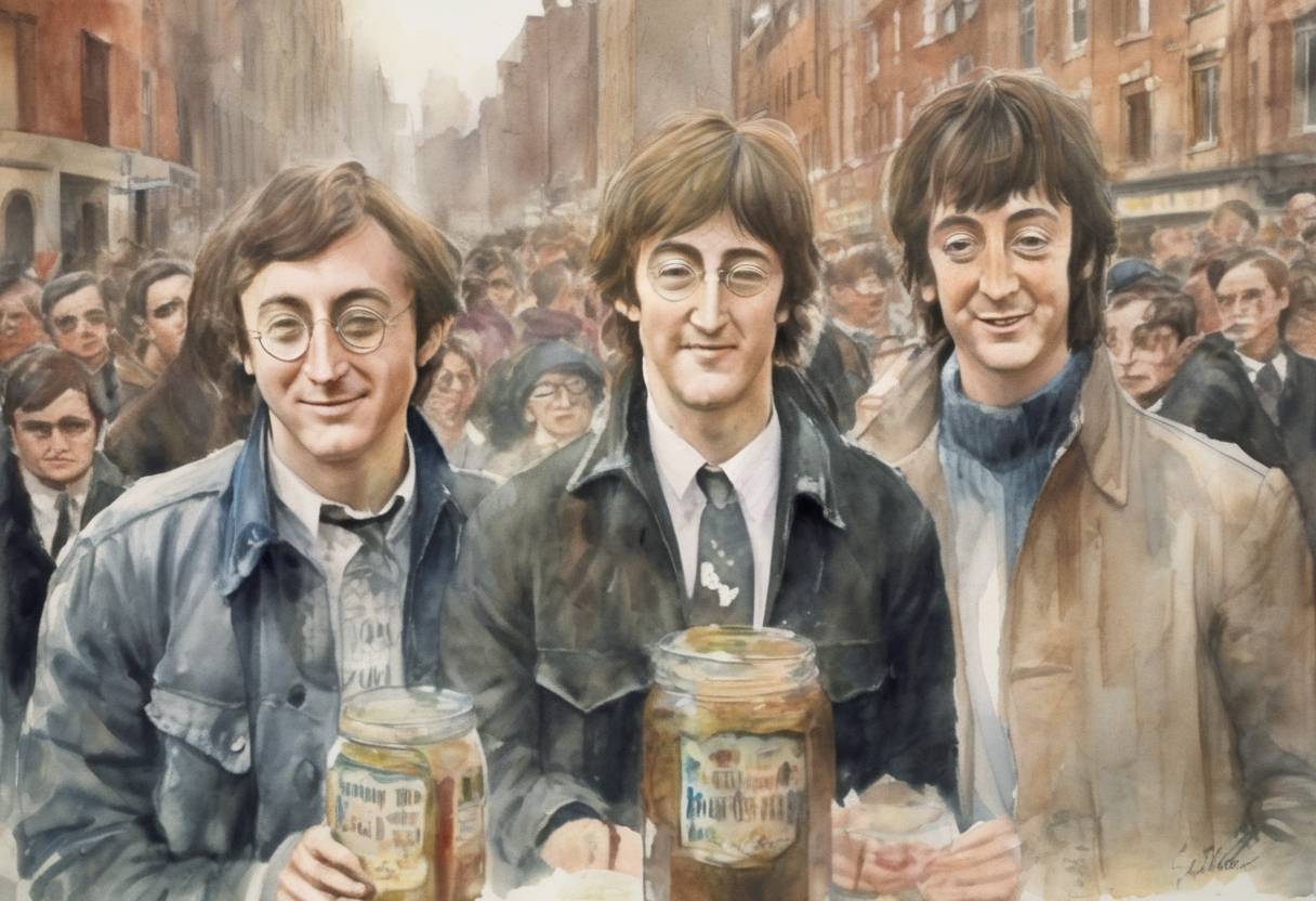 Watercolor painting based depiction of John Lennon and Paul McCartney met for the first time at a church fete in Liverpool, leading to the formation of The Beatles. (1957)