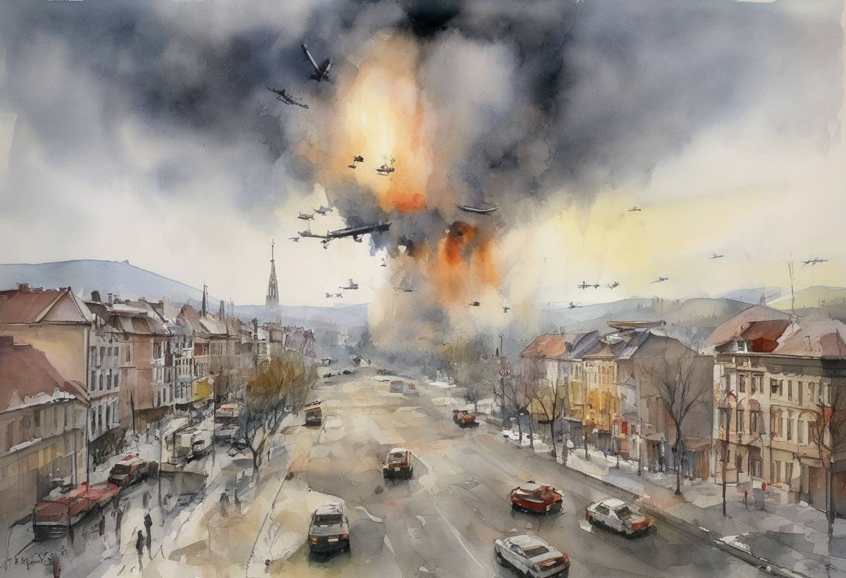 Watercolor painting based depiction of NATO suspends its air strikes after Slobodan Milošević agrees to withdraw Yugoslav forces from Kosovo. (1999)
