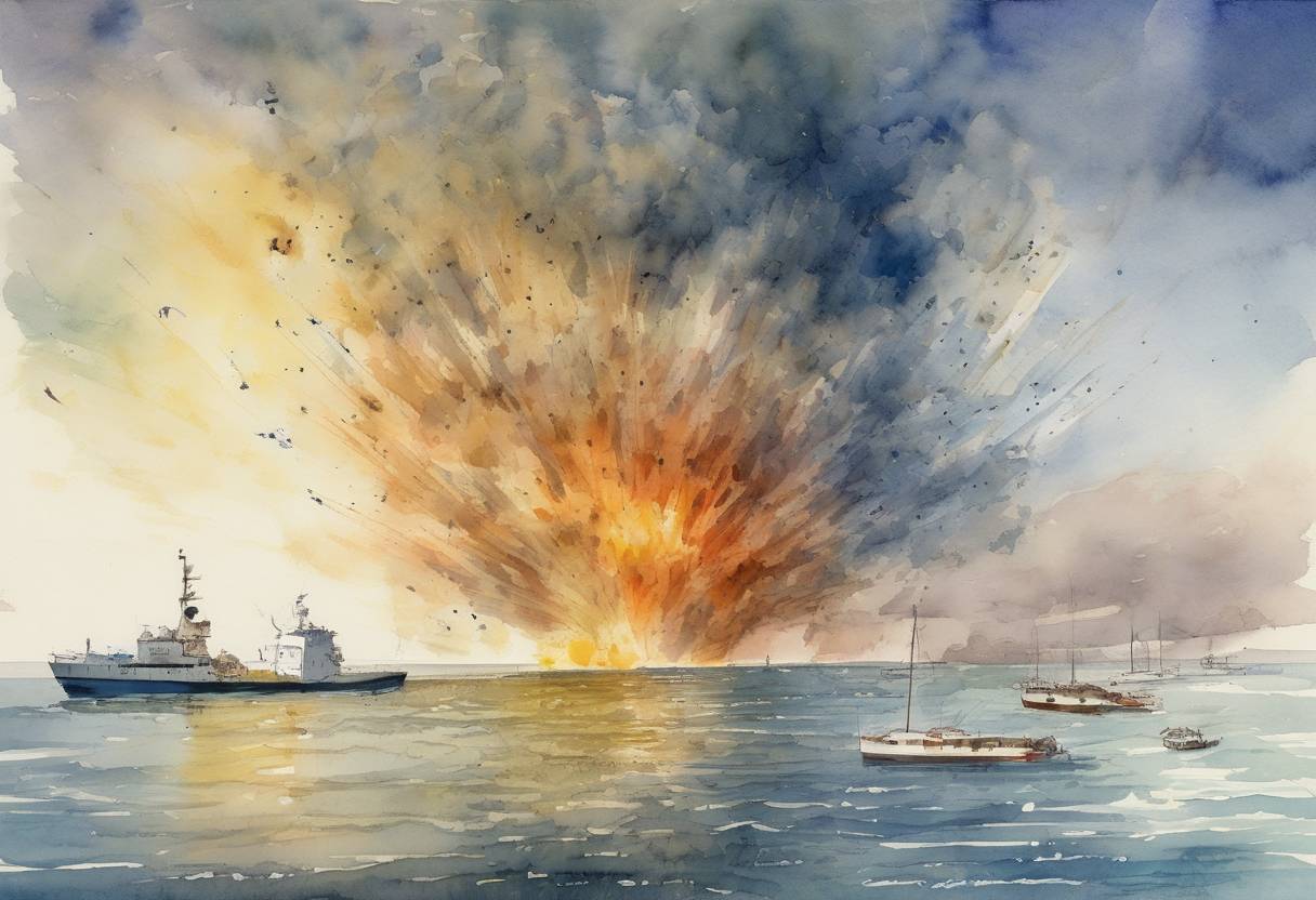 Watercolor painting based depiction of Eastern Mediterranean Event: A large airburst occurred over the Mediterranean Sea, detected by infrasound sensors and satellites. The event was caused by a meteoroid explosion with an estimated yield of 26 kilotons of TNT. (2002)