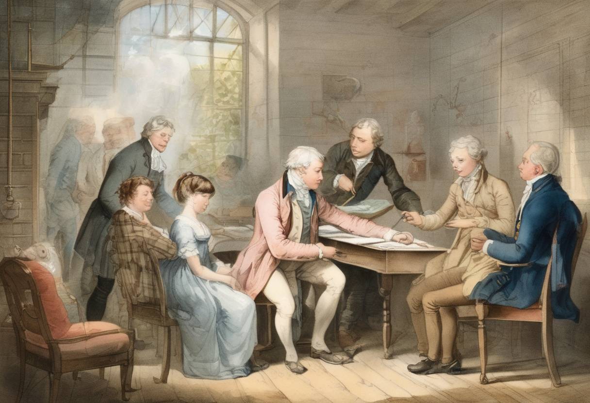 Watercolor painting based depiction of Edward Jenner administered the first smallpox vaccination, using cowpox material, which laid the foundation for modern immunology. (1796)
