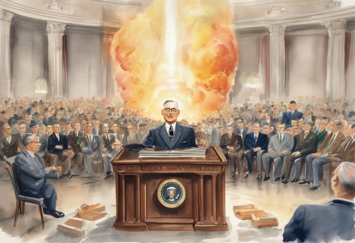 Watercolor painting based depiction of President Harry S. Truman announces a program to develop the hydrogen bomb. (1950)