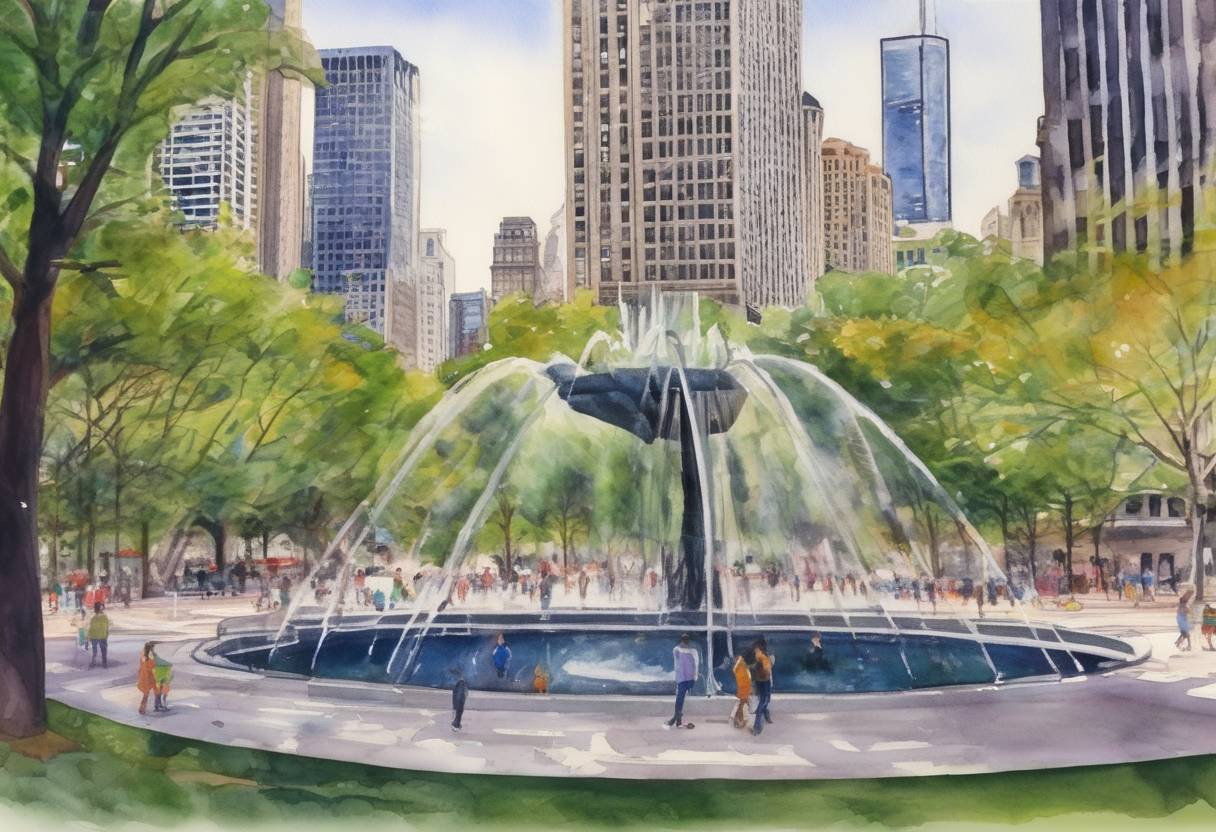 Watercolor painting based depiction of Millennium Park, a public park located in the Loop community area of Chicago, Illinois, officially opened to the public. It features a variety of public art installations and is a popular tourist destination. (2004)
