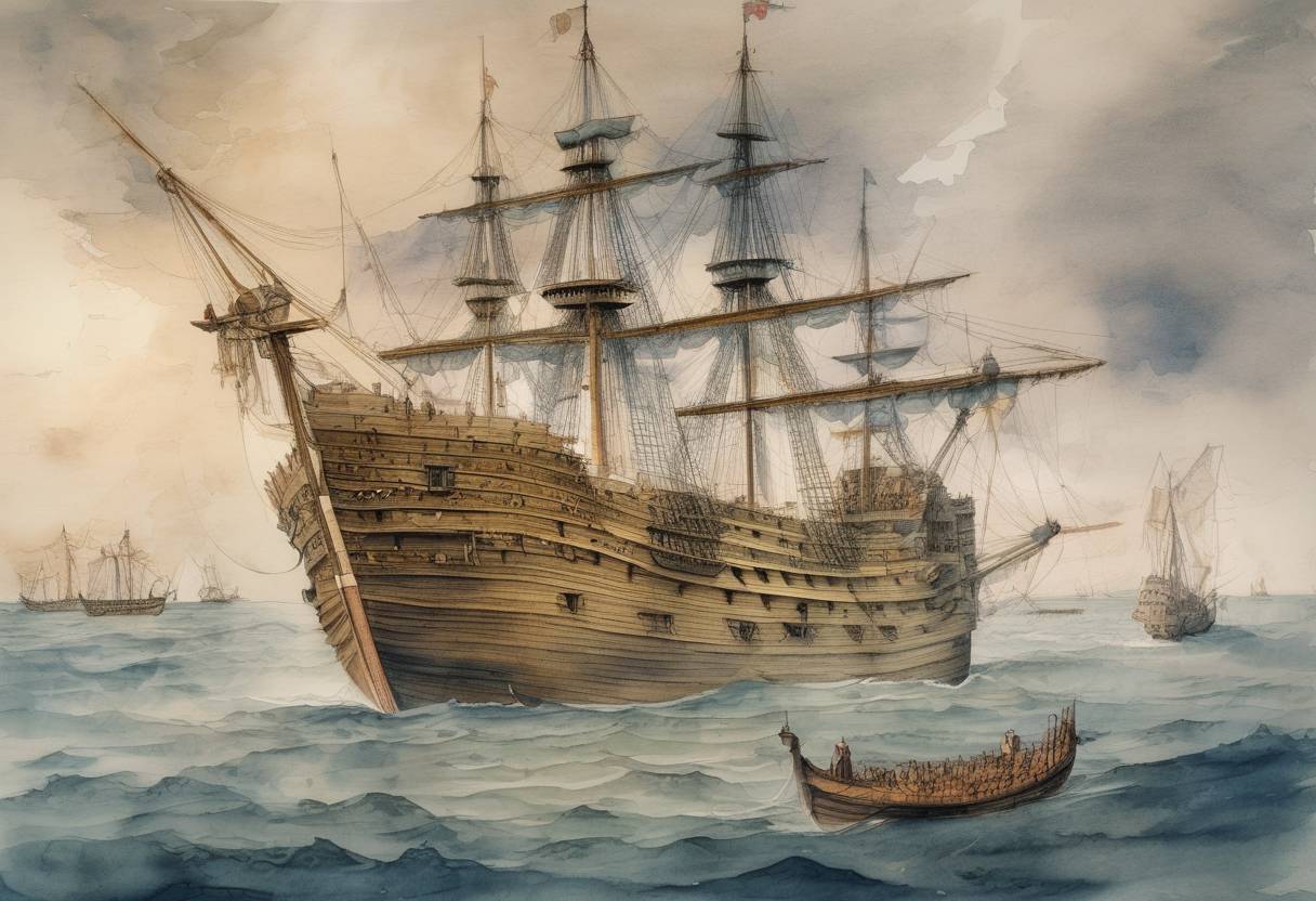 Watercolor painting based depiction of The Mary Rose, a warship of the English Tudor navy of King Henry VIII, sank in the Solent during an engagement with the French fleet. (1545)