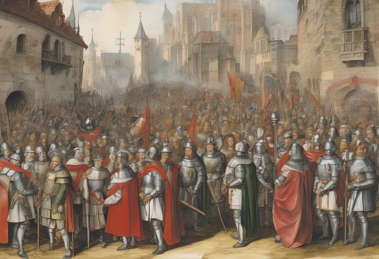Watercolor painting based depiction of The Schmalkaldic League, a defensive alliance of Lutheran princes within the Holy Roman Empire, was formed to protect their religious and political interests against the Catholic Emperor Charles V. (1527)