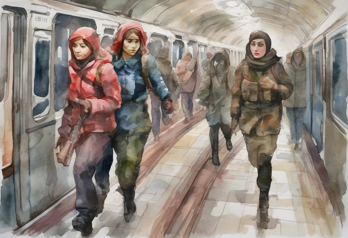 Watercolor painting based depiction of Two female suicide bombers attack the Moscow Metro during the morning rush hour, killing 40 people and injuring over 100 others. (2010)