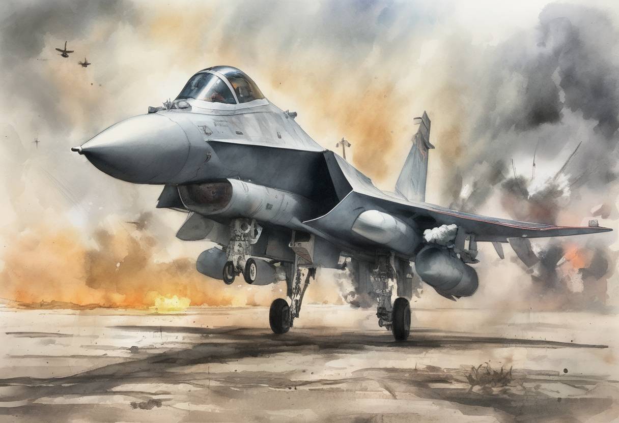 Watercolor painting based depiction of The United States launched 59 Tomahawk cruise missiles at a Syrian airbase in response to a chemical weapons attack in Khan Shaykhun. (2017)