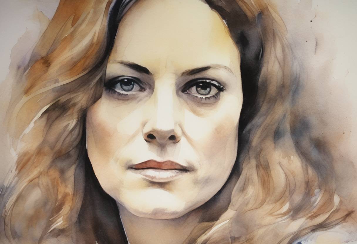 Watercolor painting based depiction of Patty Hearst, the granddaughter of newspaper magnate William Randolph Hearst, was kidnapped by the Symbionese Liberation Army. (1974)