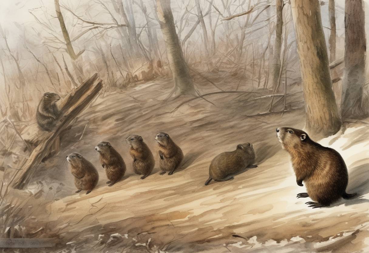 Watercolor painting based depiction of The first Groundhog Day was observed in Punxsutawney, Pennsylvania. (1887)