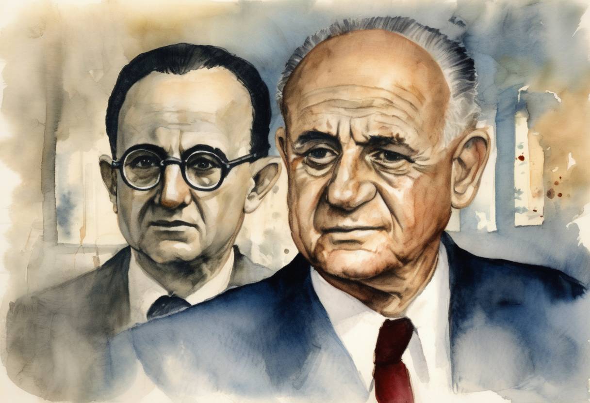 Watercolor painting based depiction of The Israeli Prime Minister David Ben-Gurion announced the capture of Nazi war criminal Adolf Eichmann. (1960)