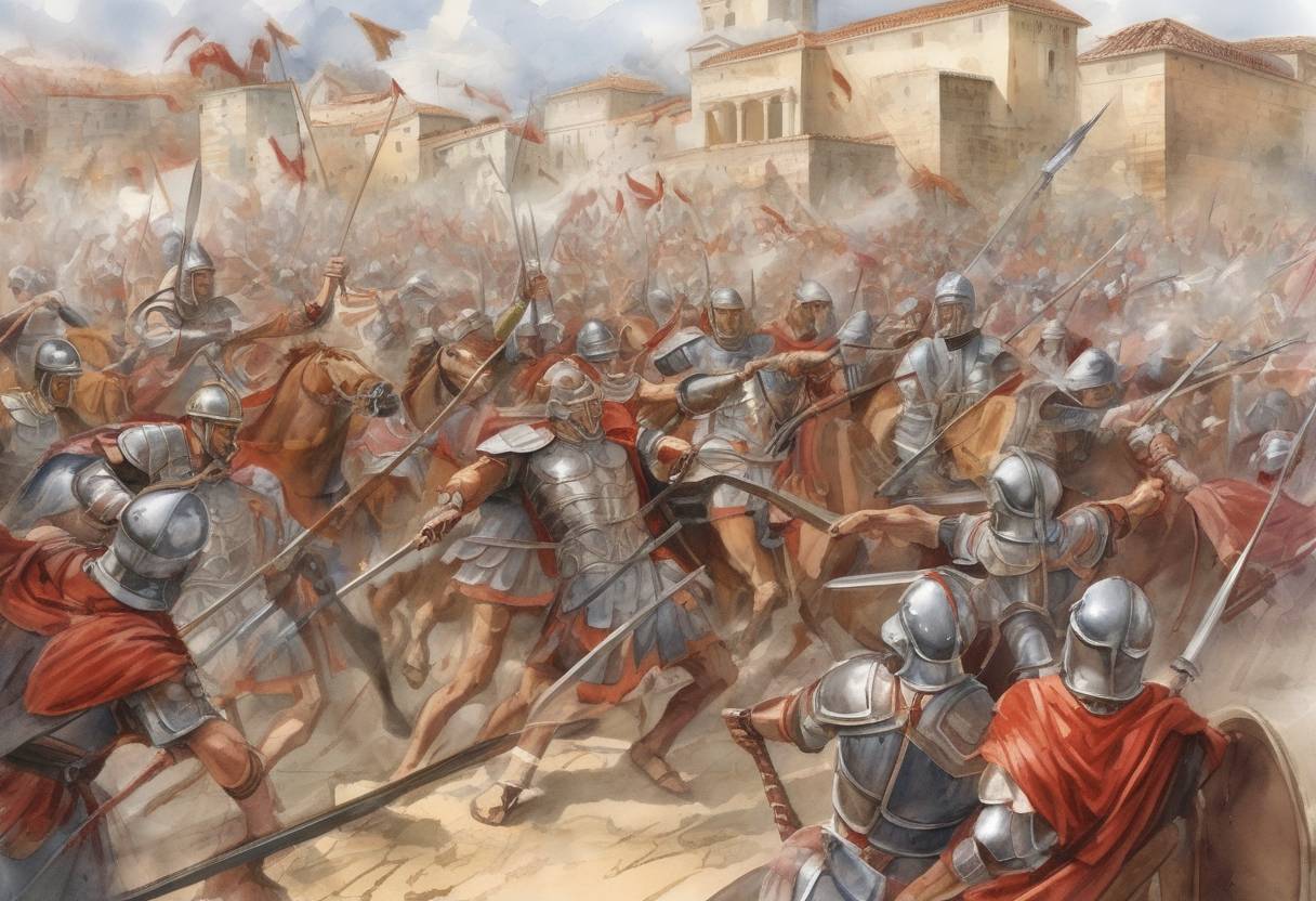 Watercolor painting based depiction of The Battle of Adrianople took place, where Constantine I defeated Licinius, leading to Constantine becoming the sole ruler of the Roman Empire. (324)