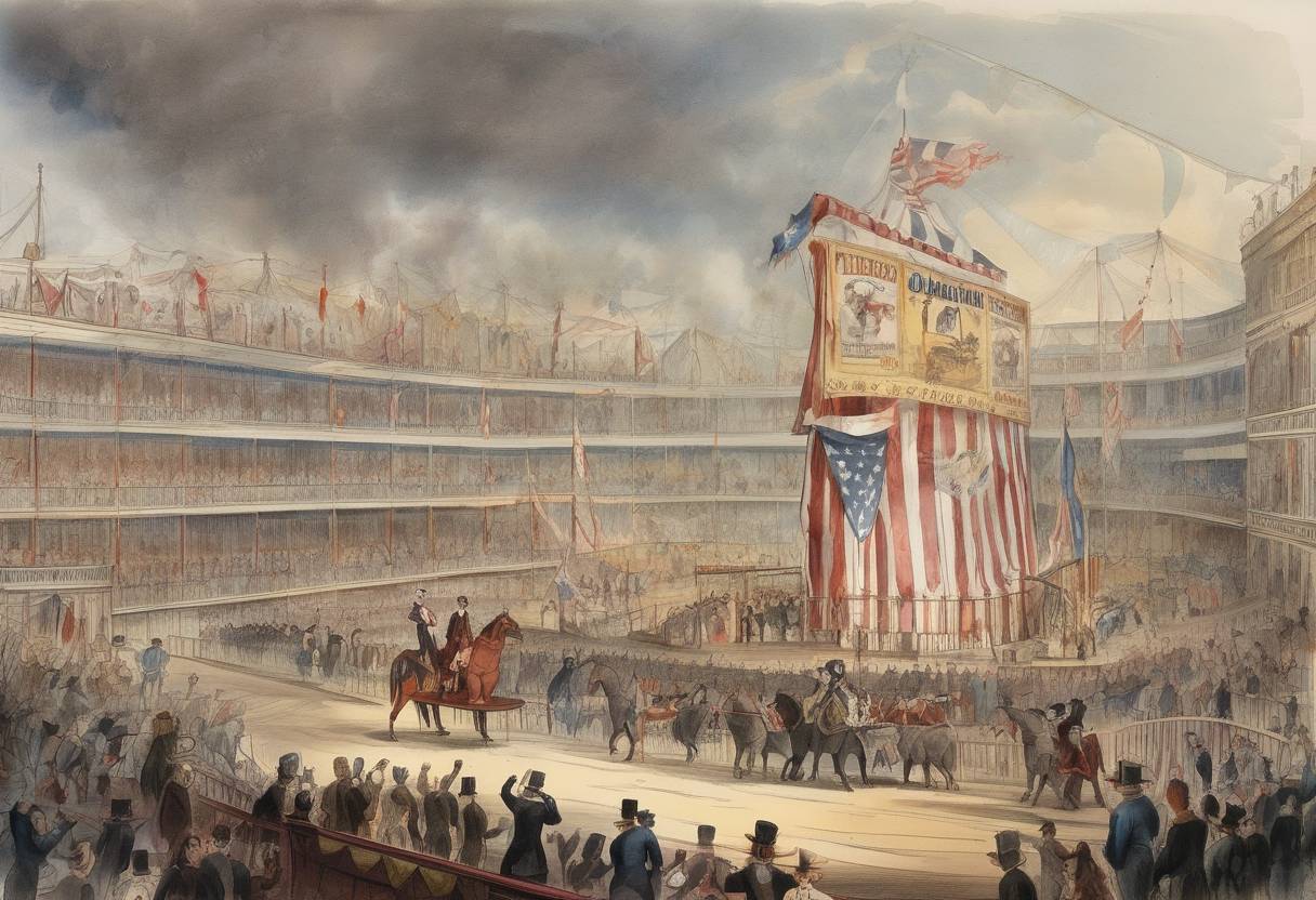 Watercolor painting based depiction of P. T. Barnum and his circus begin their first tour of the United States. (1835)