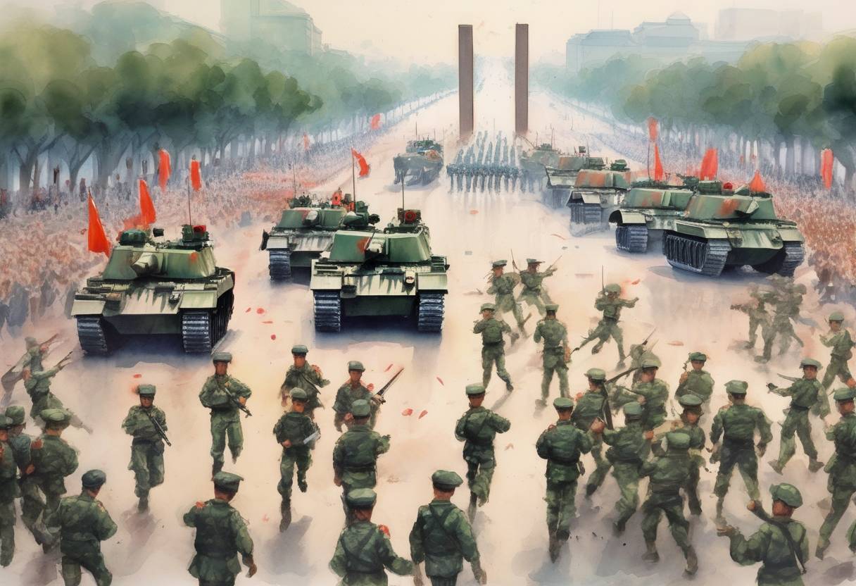 Watercolor painting based depiction of The Tiananmen Square Massacre occurs as Chinese troops and security police storm through Tiananmen Square in Beijing, killing and arresting thousands of pro-democracy protesters. (1989)