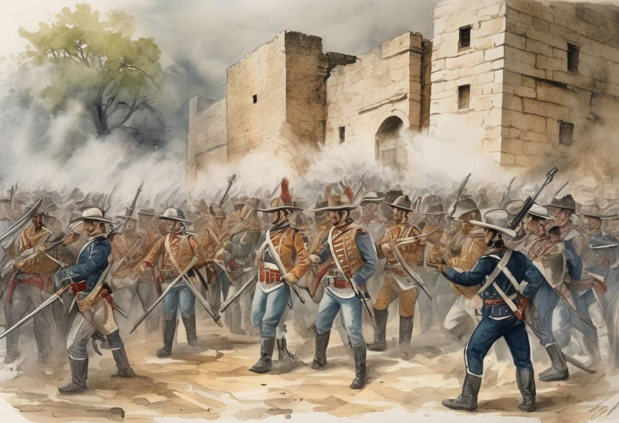 Watercolor painting based depiction of The Battle of the Alamo begins in San Antonio, Texas, as Mexican troops under General Antonio López de Santa Anna launch an assault on the Alamo Mission. (1836)