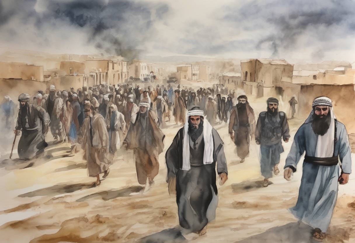 Watercolor painting based depiction of The Islamic State of Iraq and the Levant (ISIL) abducts at least 220 Assyrian Christians from villages in northeastern Syria. (2015)