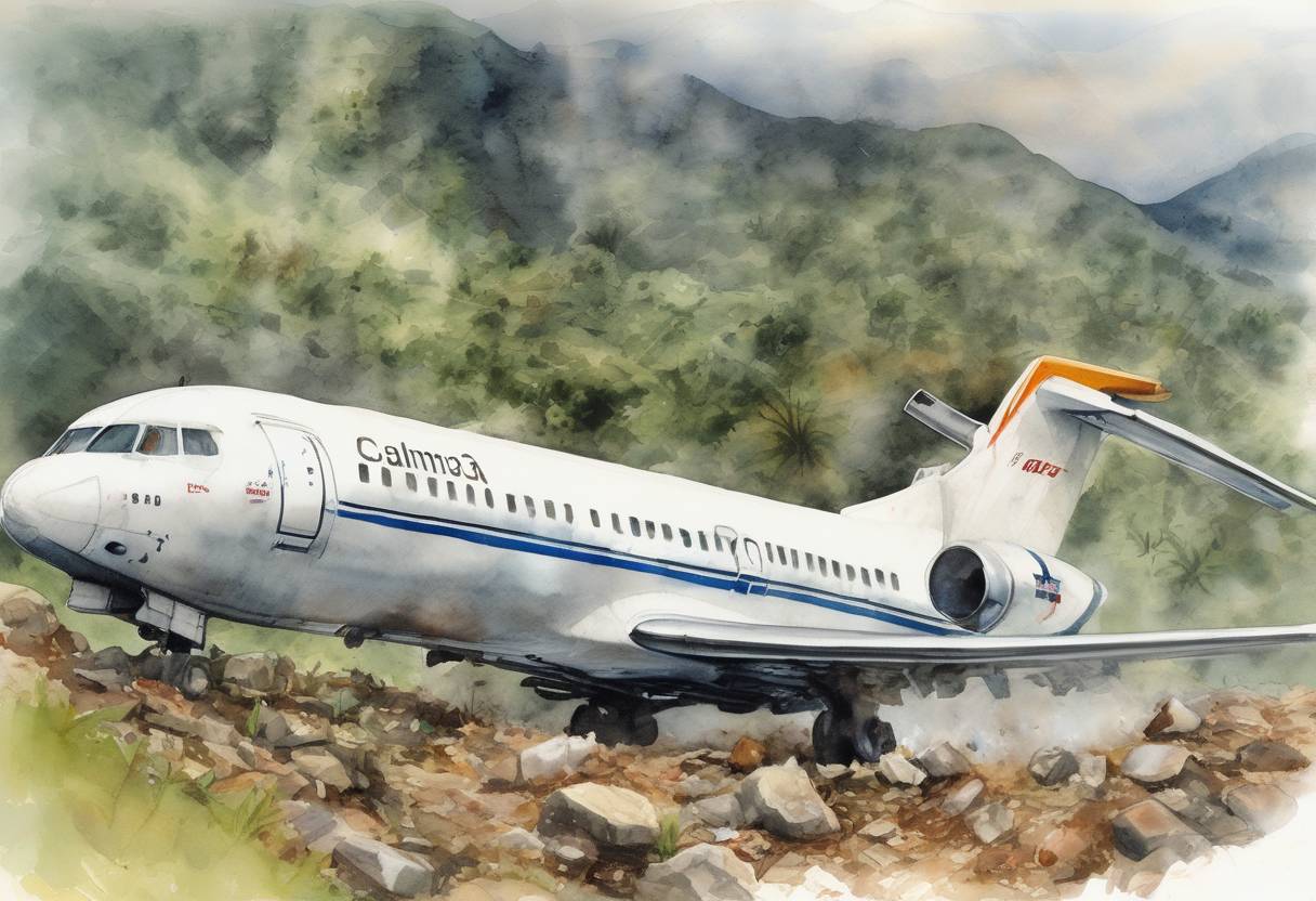 Watercolor painting based depiction of The TAME Flight 120, a Boeing 727-100, crashes in the Andes mountains in Colombia, killing all 92 people on board. (2002)