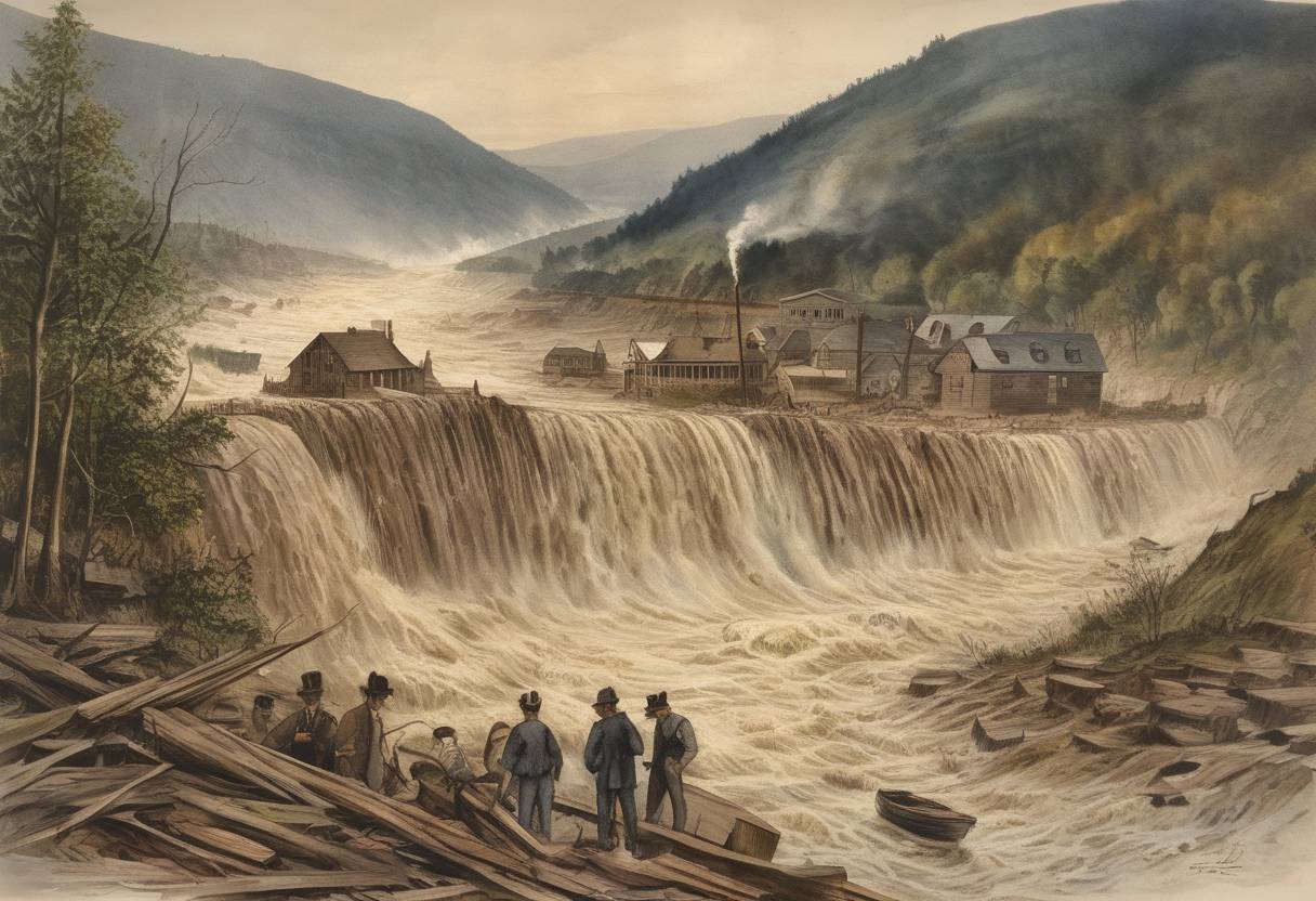 Watercolor painting based depiction of The Johnstown Flood occurred in Pennsylvania, United States, when the South Fork Dam collapsed, killing over 2,200 people and causing widespread destruction. (1889)