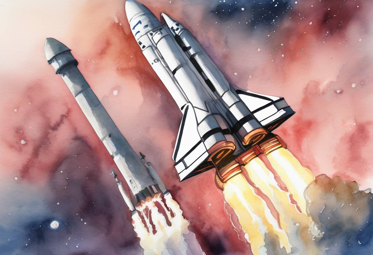 Watercolor painting based depiction of SpaceX successfully launched the Falcon Heavy rocket, the most powerful operational rocket in the world at the time, from Kennedy Space Center in Florida. The launch included a Tesla Roadster as a payload. (2018)