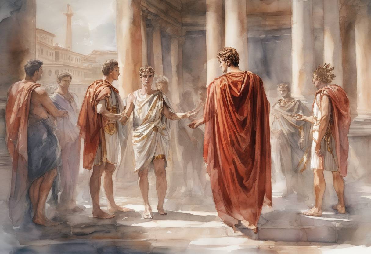 Watercolor painting based depiction of Nero, future Roman Emperor, is given the title of 'princeps iuventutis' (prince of the youth) by the Roman Senate, marking him as the successor to Emperor Claudius. (51)