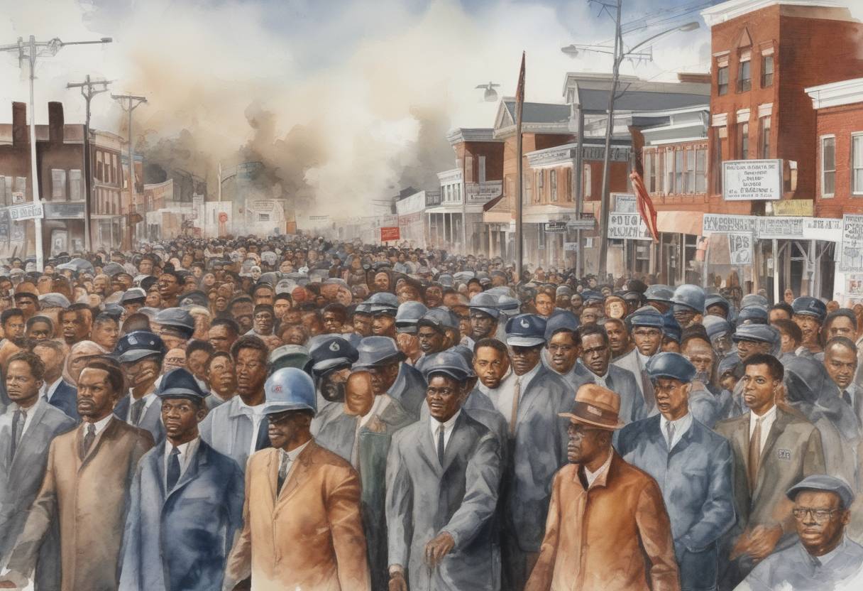 Watercolor painting based depiction of The first of the Selma to Montgomery marches, known as "Bloody Sunday," took place, where civil rights demonstrators were brutally attacked by law enforcement at the Edmund Pettus Bridge. (1965)