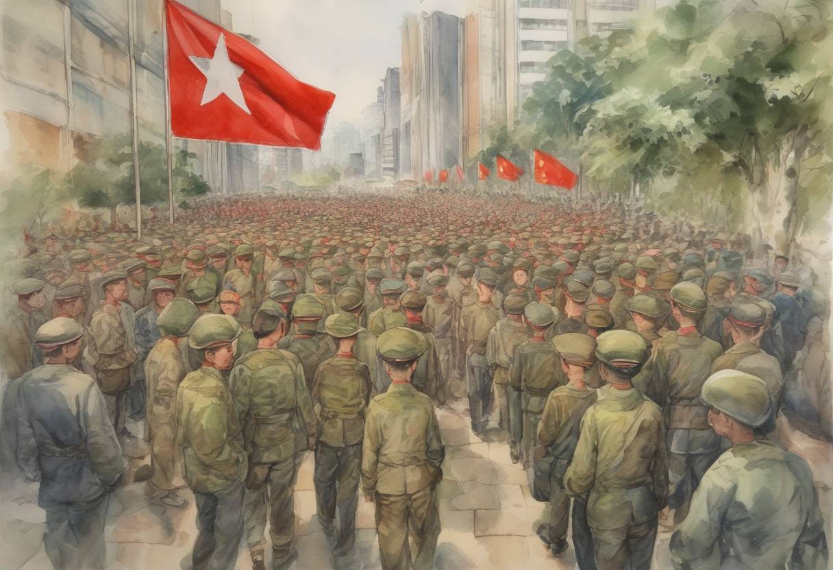 Watercolor painting based depiction of The Japanese Red Army takes more than 50 hostages at the AIA building in Kuala Lumpur, Malaysia. (1975)