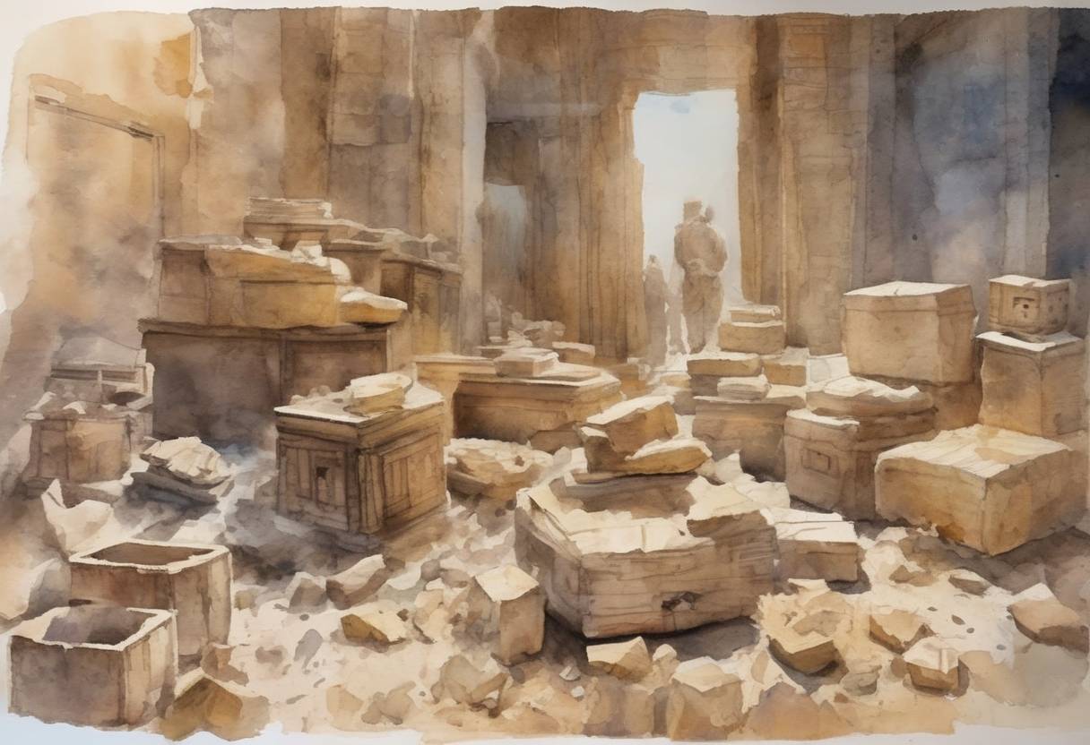 Watercolor painting based depiction of The United States returned 500 cultural artifacts to Iraq that had been looted during the Iraq War. (2015)