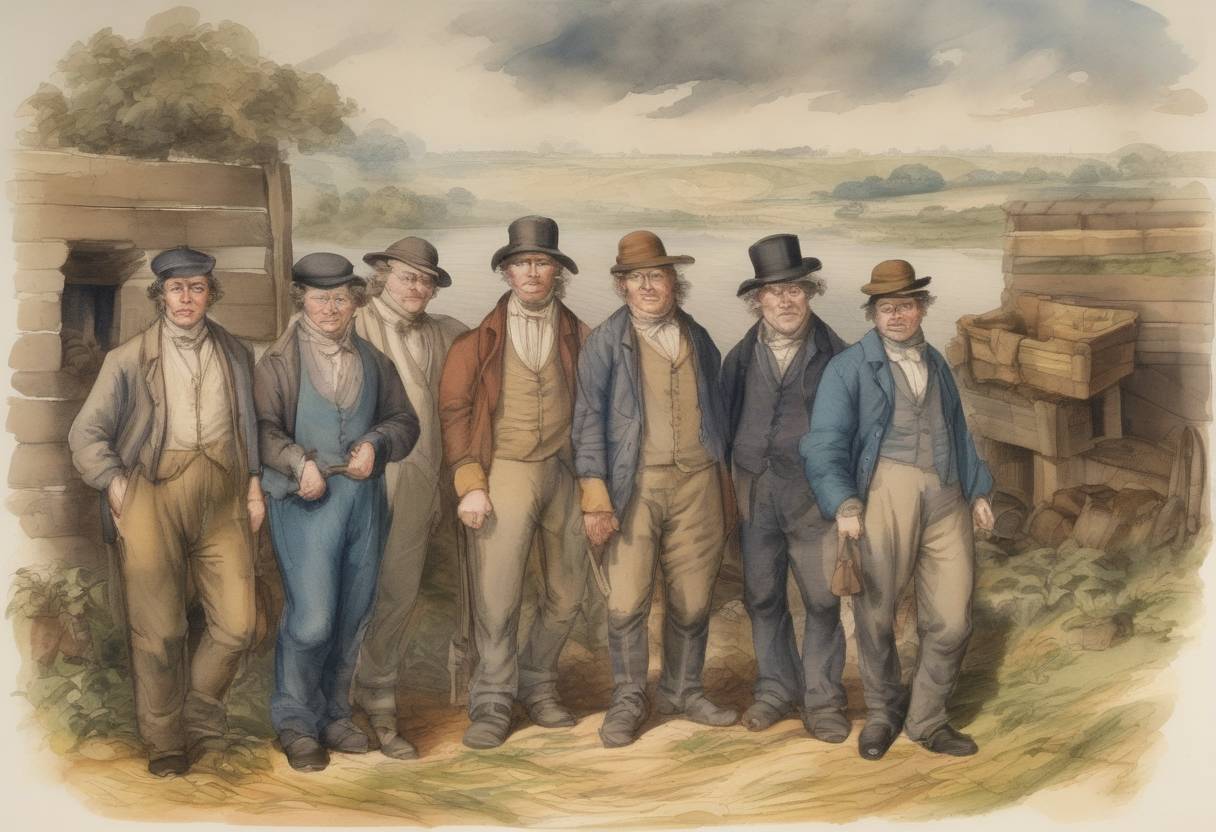 Watercolor painting based depiction of Six farm laborers from Tolpuddle, Dorset, England, known as the Tolpuddle Martyrs, were sentenced to transportation to Australia for forming a trade union. Their case became a landmark in the history of trade unionism. (1834)