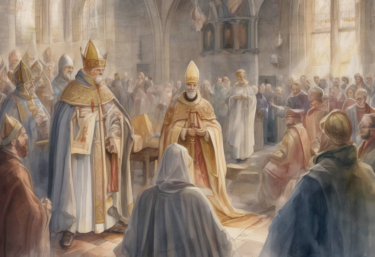 Watercolor painting based depiction of Saint Augustine of Canterbury is consecrated as the first Archbishop of Canterbury, marking a significant event in the Christianization of Anglo-Saxon England. (597)