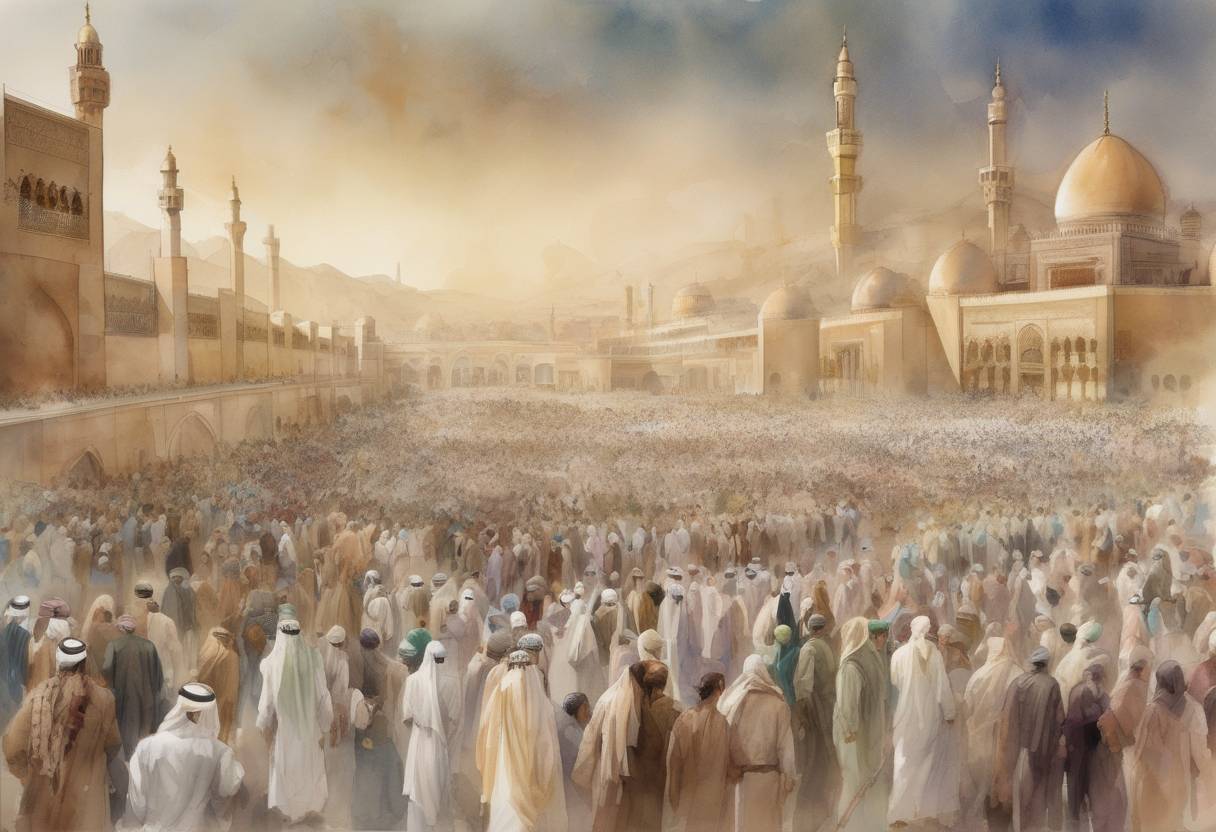 Watercolor painting based depiction of Prophet Muhammad and his followers set out to conquer Mecca, an event that would lead to the city's surrender and its conversion to Islam. (630)