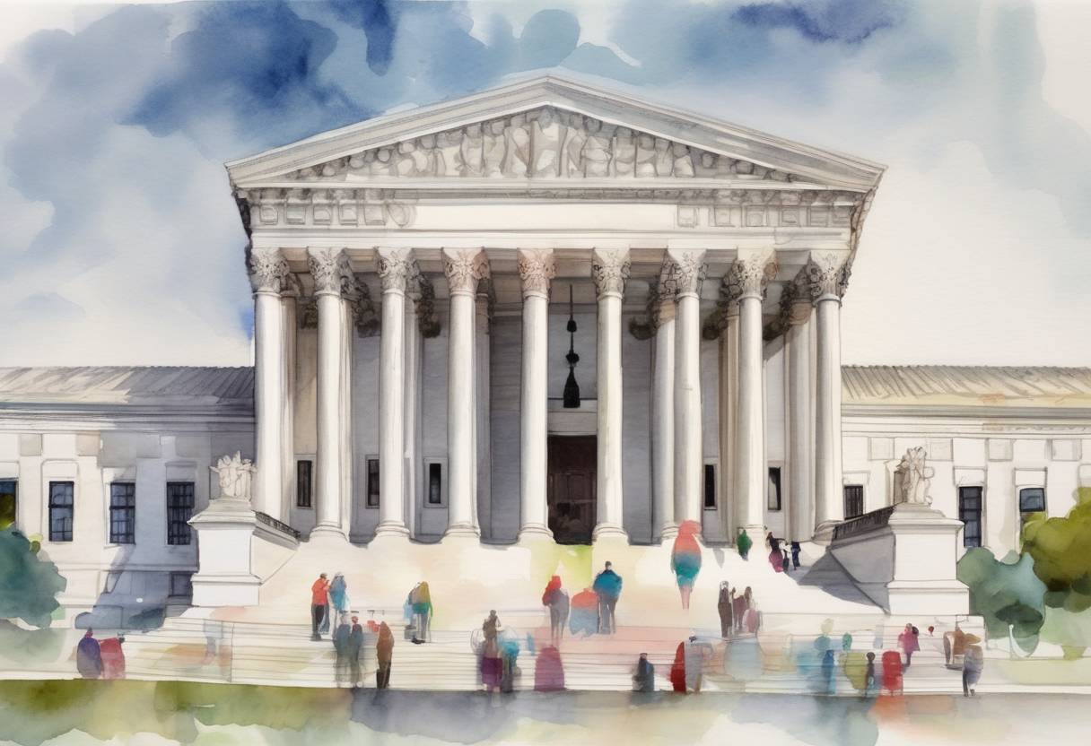 Watercolor painting based depiction of The United States Supreme Court rules in Obergefell v. Hodges that same-sex marriage is a constitutional right. (2015)