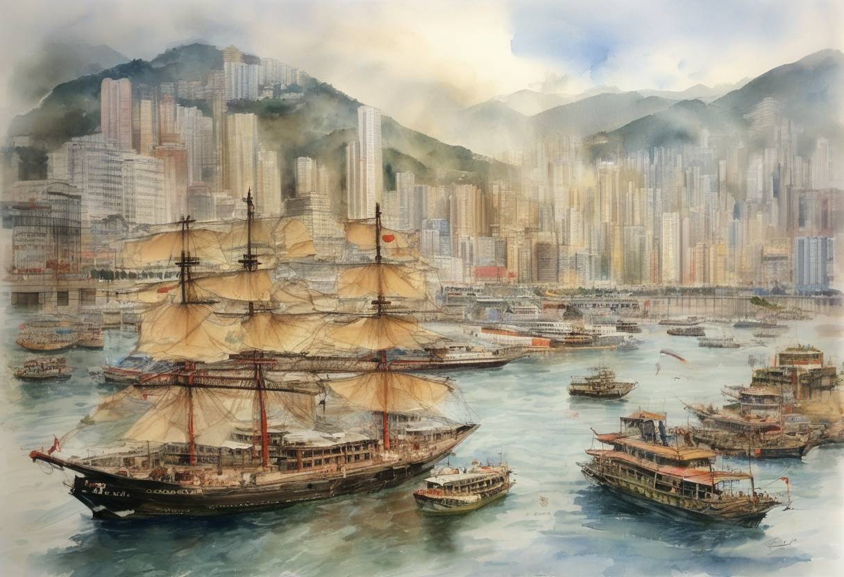 Watercolor painting based depiction of The United Kingdom transferred sovereignty over Hong Kong to the People's Republic of China, ending 156 years of British colonial rule and marking a significant moment in the region's history. (1997)