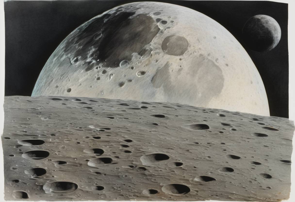 Watercolor painting based depiction of NASA's Ranger 7 spacecraft transmitted the first close-up photographs of the Moon's surface, marking a significant achievement in space exploration. (1964)