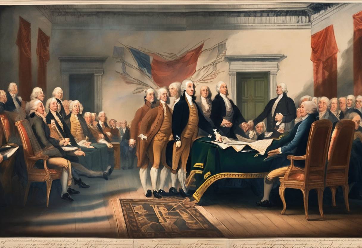 Watercolor painting based depiction of The United States Declaration of Independence was signed by most of the Continental Congress members, marking a formal assertion of independence from British rule. (1776)