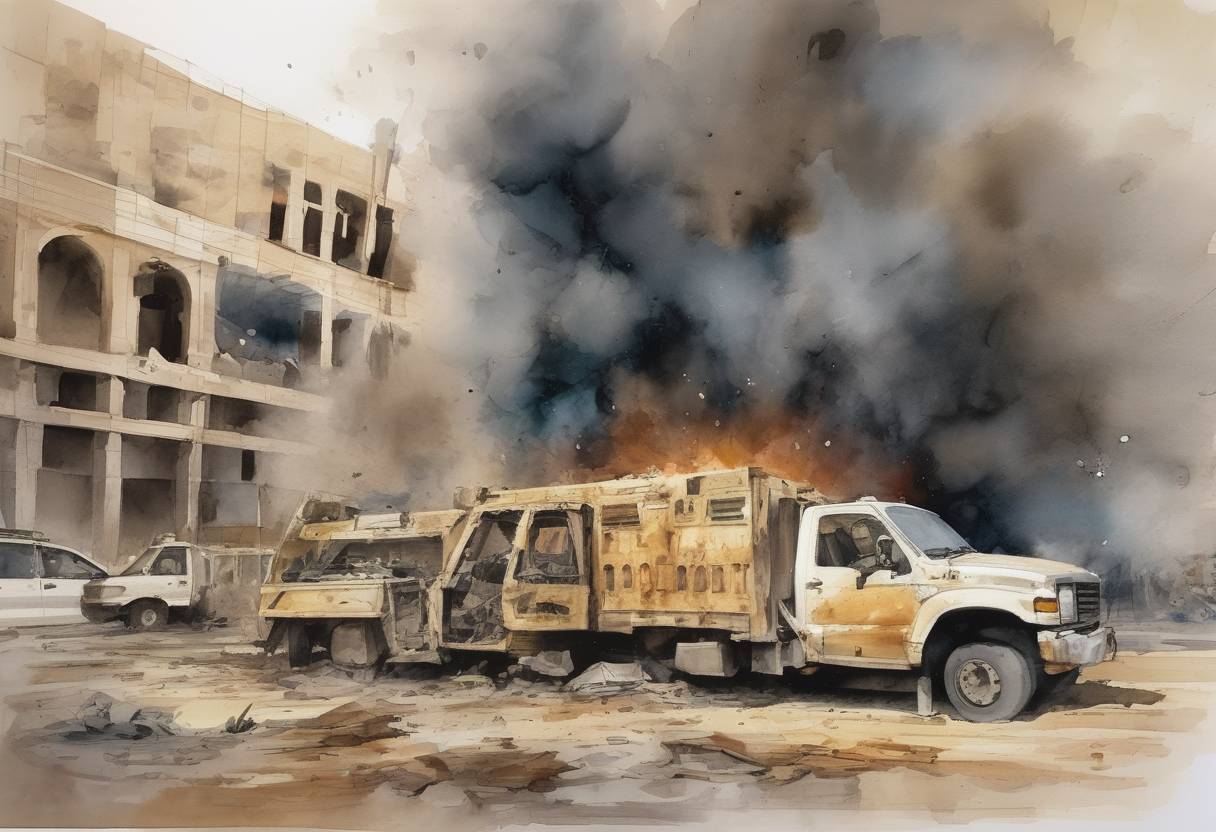 Watercolor painting based depiction of A suicide truck bomb attack on the United Nations headquarters in Baghdad, Iraq, killed 22 people, including the UN's top envoy in Iraq, Sérgio Vieira de Mello. (2003)