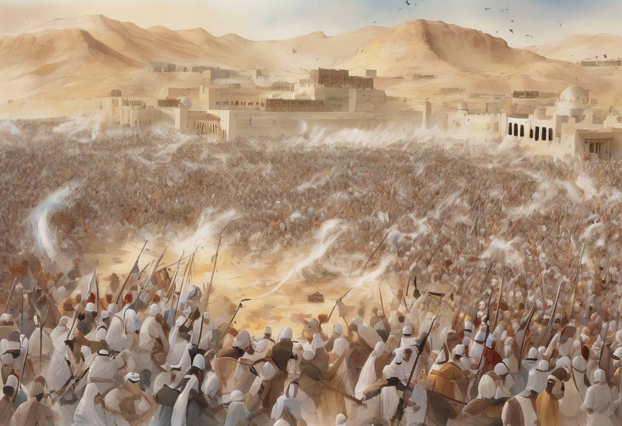 Watercolor painting based depiction of The Battle of Badr, a key battle in early Islamic history, takes place. It is the first major battle between the Muslims and the Quraysh of Mecca, resulting in a decisive Muslim victory. (624)