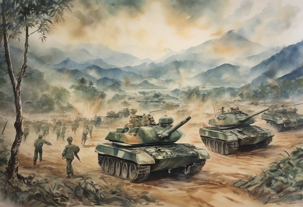 Watercolor painting based depiction of The Battle of Dien Bien Phu ended with a decisive victory for the Viet Minh over French forces, leading to the end of French colonial rule in Indochina and the Geneva Conference. (1954)