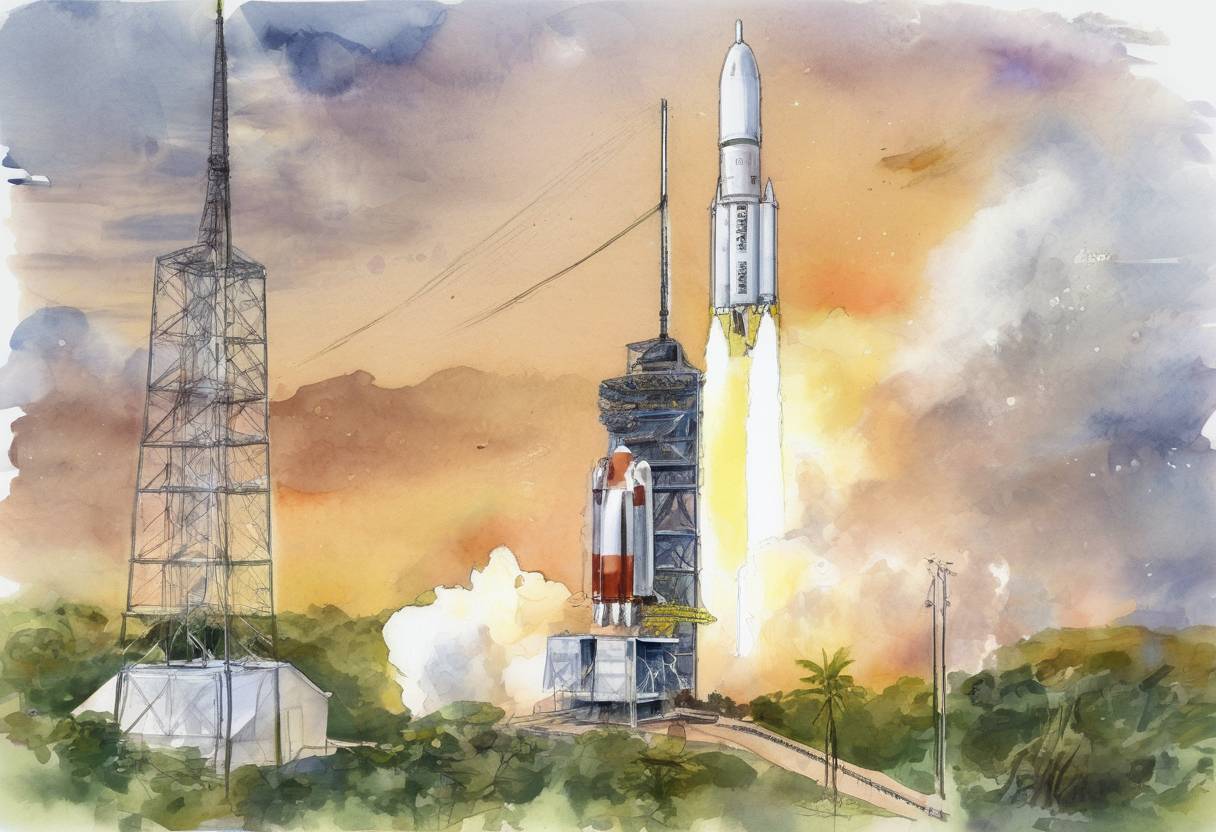Watercolor painting based depiction of The European Space Agency (ESA) successfully launched the Vega rocket on its maiden flight from the Guiana Space Centre in French Guiana. The Vega is designed to launch small payloads to low Earth orbit. (2012)