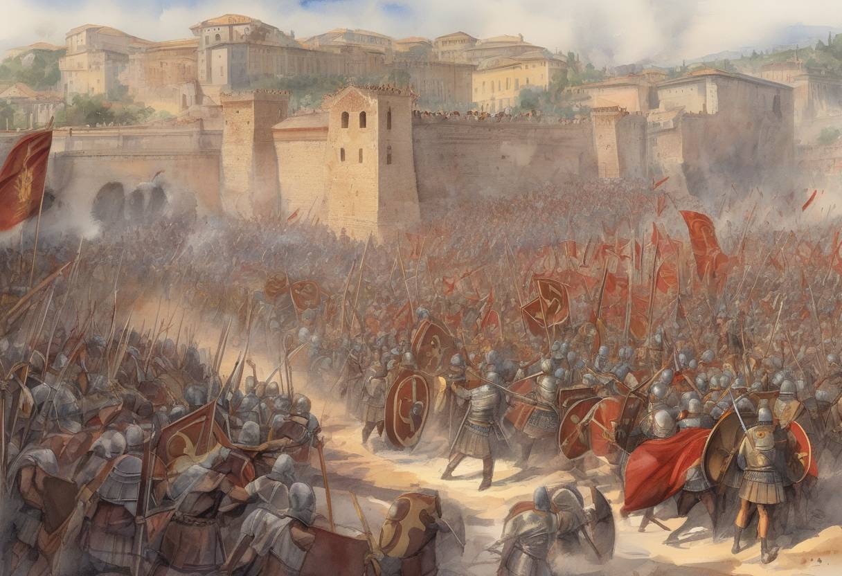 Watercolor painting based depiction of The Siege of Rome by the Ostrogoths under King Vitiges begins. The Ostrogoths attempt to reclaim the city from the Byzantine Empire, which had taken control under General Belisarius. (537)