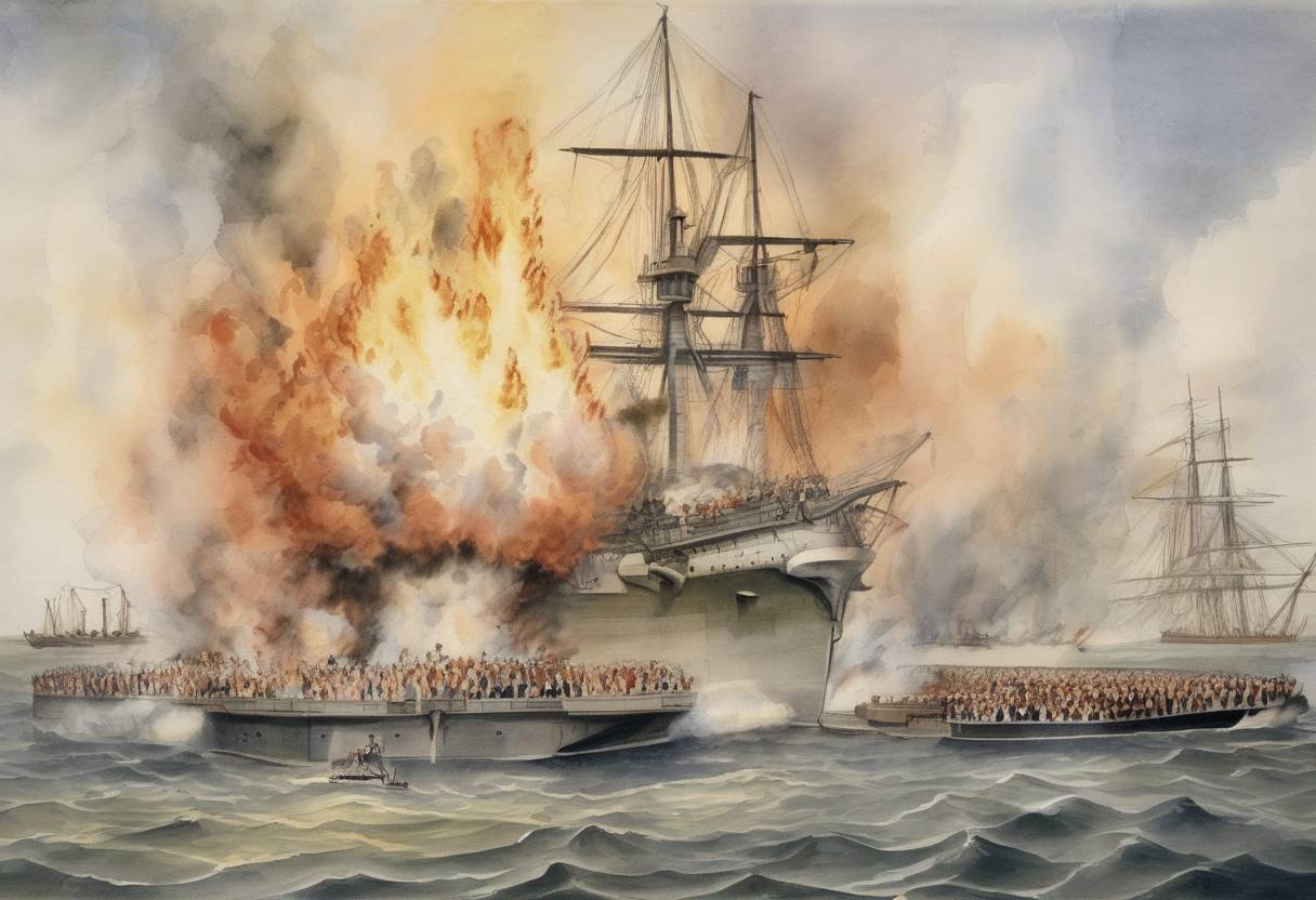 Watercolor painting based depiction of A gun on the USS Princeton explodes during a demonstration, killing six people, including two United States Cabinet members. (1844)