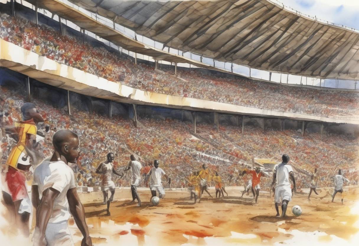 Watercolor painting based depiction of In Ghana, the Accra Sports Stadium disaster occurred when a stampede led to the deaths of 126 people during a football match between Hearts of Oak and Asante Kotoko. (2001)