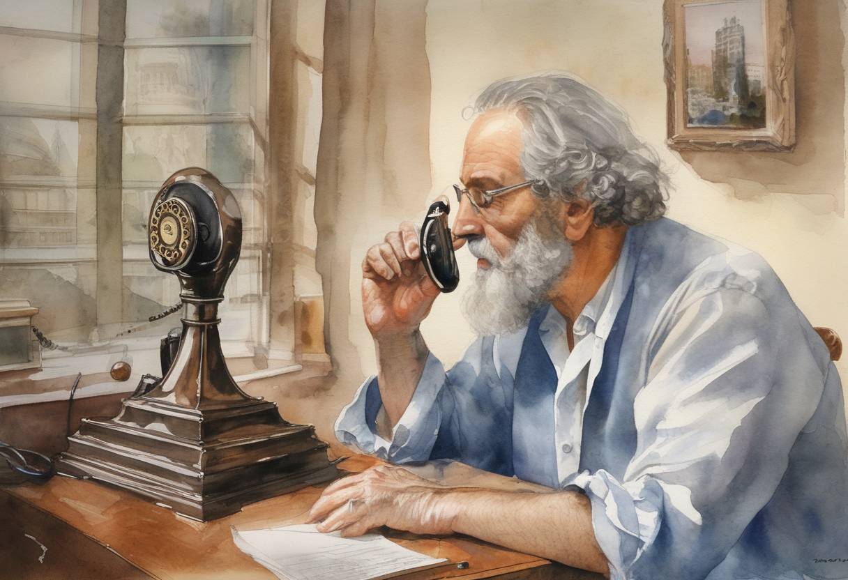Watercolor painting based depiction of Antonio Meucci is recognized as the first inventor of the telephone by the United States Congress. (2002)