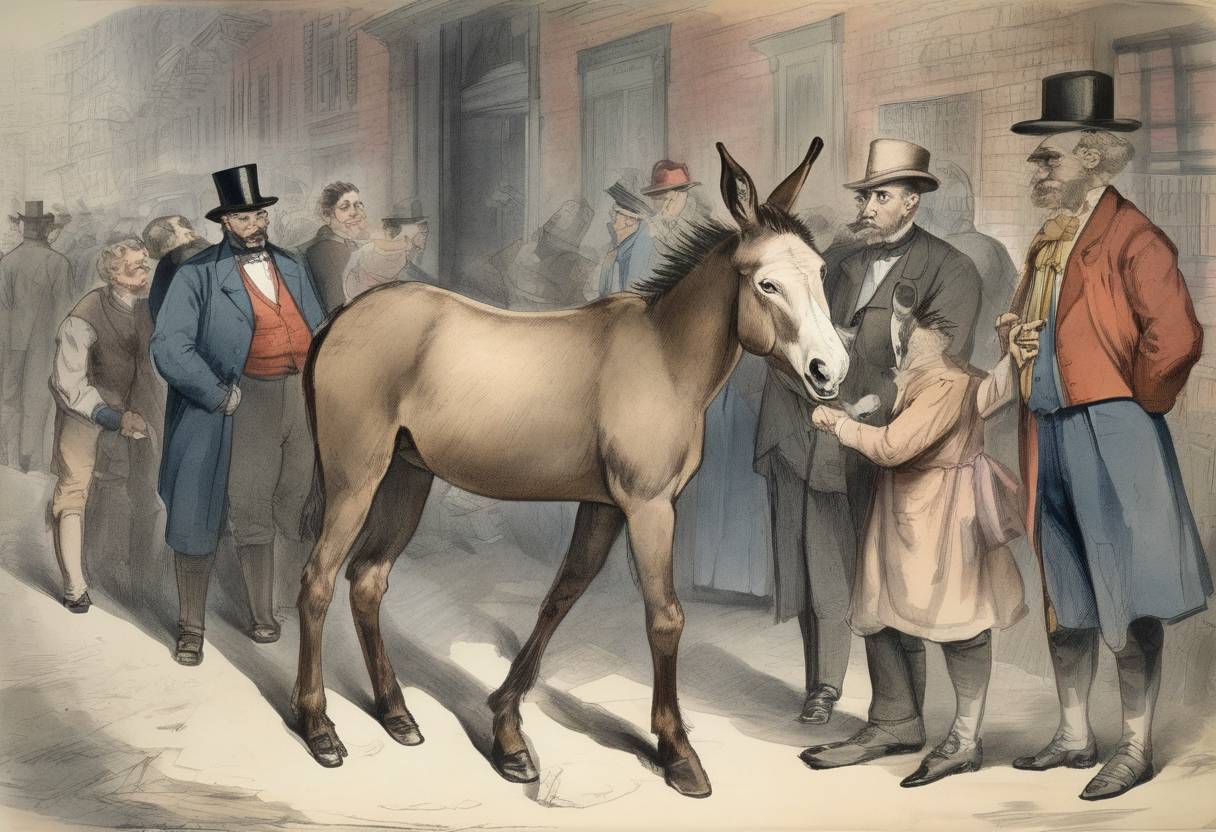 Watercolor painting based depiction of A political cartoon for the first time symbolized the Democratic Party with a donkey. (1870)