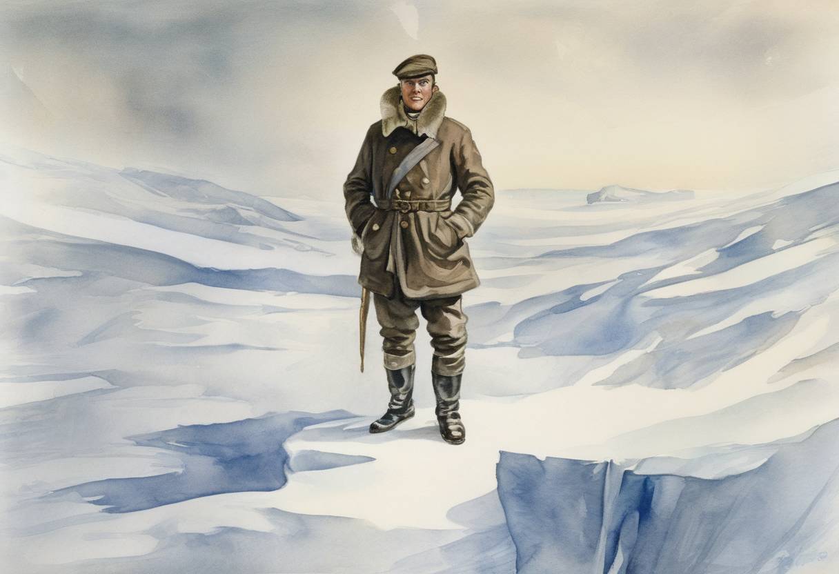 Watercolor painting based depiction of British explorer Robert Falcon Scott reaches the South Pole, only to discover that Norwegian explorer Roald Amundsen had beaten him there by 34 days. (1912)