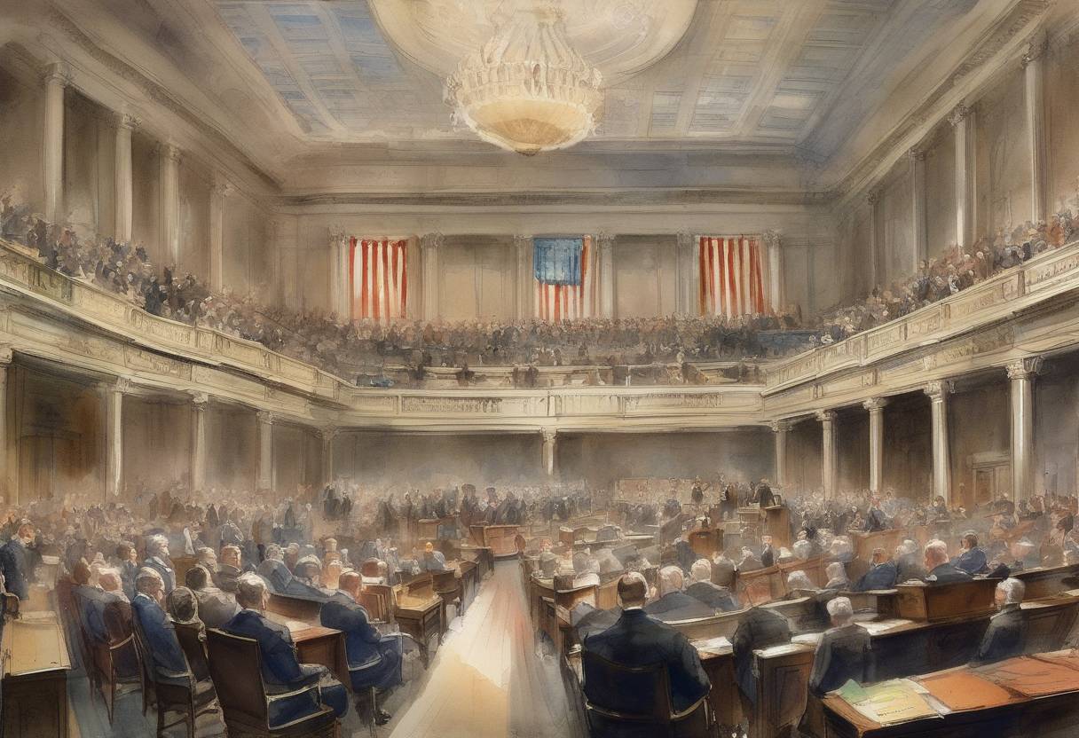 Watercolor painting based depiction of The United States Senate voted against joining the League of Nations. (1920)