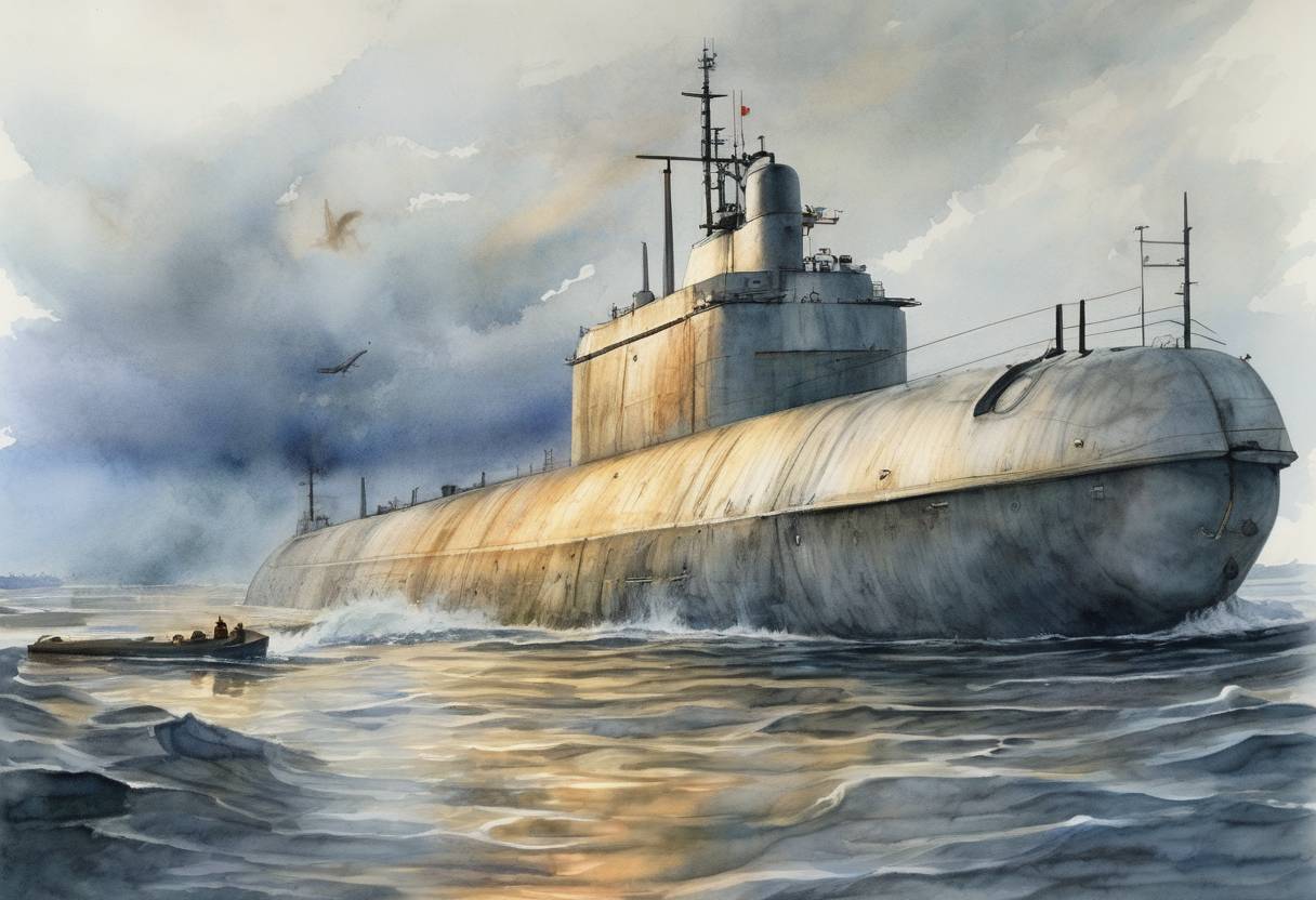 Watercolor painting based depiction of The Russian submarine Kursk sank in the Barents Sea during a naval exercise, resulting in the deaths of all 118 crew members. (2000)