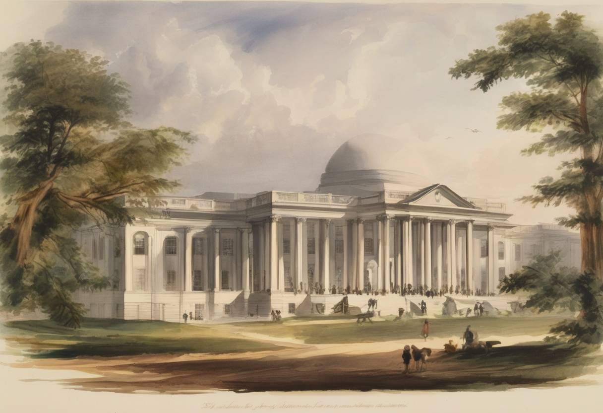 Watercolor painting based depiction of The Smithsonian Institution was established in Washington, D.C., with funds from the estate of James Smithson. (1846)