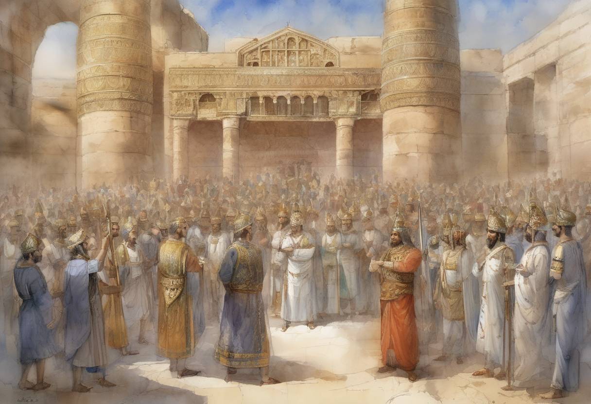 Watercolor painting based depiction of Shahrbaraz is crowned as king of the Sasanian Empire, marking a brief period of instability and rapid succession in the empire. (629)